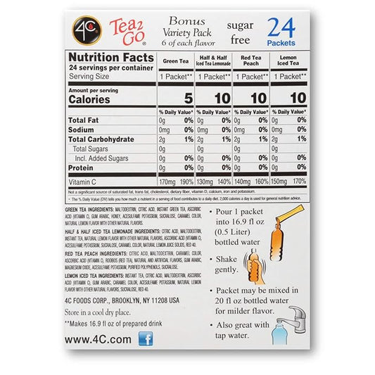 4C Powder Drink Mix Packets, Iced Tea Variety 6 Pack, 24 Count, Singles Stix On the Go, Refreshing Sugar Free Water Flavorings