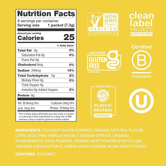 Cure Hydration | Plant-Based Electrolyte Drink Mix | No Added Sugar | FSA-HSA | Dehydration Relief Powder Made with Coconut Water | Non-GMO | Vegan | Box of 8 Packets - Lemonade