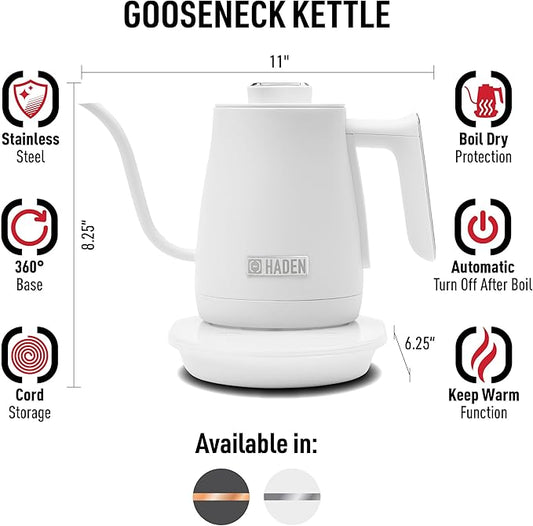 Haden 0.6-Liter Stainless Steel Electric Kettle, Gooseneck Hot Water Kettle with 360-Degree Base and Auto Shutoff, Ivory & Chrome