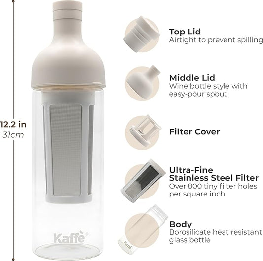Kaffe Cold Brew Coffee Maker (38oz / 1L) - Borosilicate Glass, Airtight Seal & Dishwasher Safe - Iced Coffee Maker Bottle - Removable Mesh Filter - Up to 6 Cups of Cold Brew Coffee