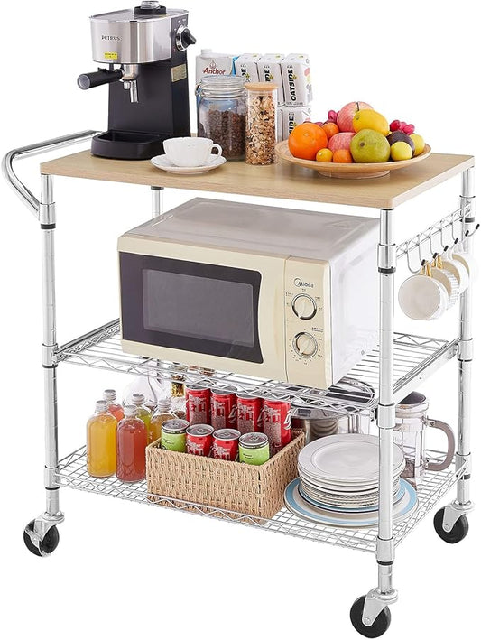 3 Tier Rolling Kitchen Cart with Wood Tabletop, Kitchen Island Carts with Wheels & Slider Shelf, Microwave Cart on Wheels, Coffee Cart with Hooks, 35.4" L*18.1" W*31.9" H,Wood+Chrome