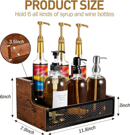 Menkxi Coffee Syrup Rack Liquor Bottle Display Shelf 6/12 Bottles Wood Liquor Shelf with Fences Cabinet for Whiskey Wine Coffee Syrup Display(2 Tier)