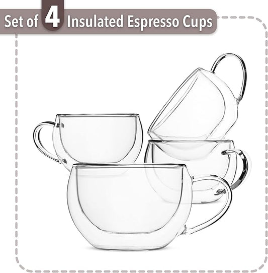 BTaT- Double Walled Espresso Cups, 6 oz, Set of 4, Clear Coffee Mugs, Double Wall Insulated Espresso Cups, Small Coffee Mugs for Tea, Lattes, Macchiatos, Hot & Cold Beverages, Microwave Safe