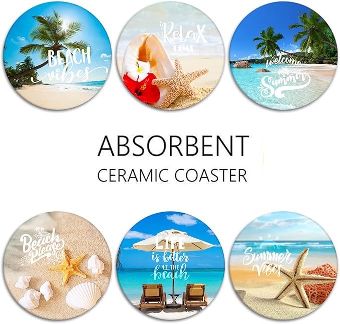 Britimes Coaster for Drinks Set of 6, Tropical Beach Landscape Caribbean Absorbent Round Ceramic Stone Mat, with Cork Base and Metal Holder, Gift for Housewarming Room Bar Decor