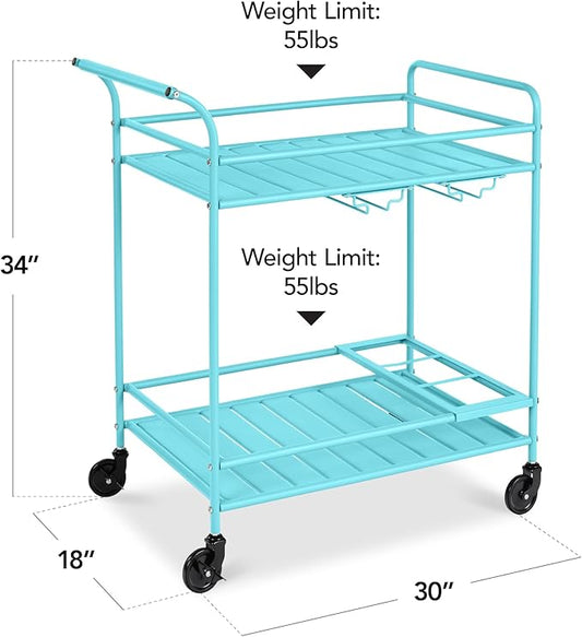 Best Choice Products Rolling Bar Cart, Mobile Home Bar Serving Cart, Serving Station w/ 2 Tier Shelves, Wine Rack, Lockable Wheels - Teal