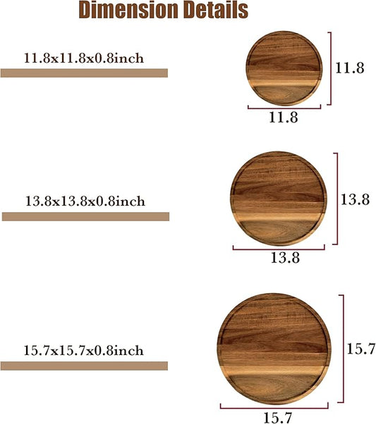 PINXIURY 15.7 Inch Round Wooden Decorative Serving Tray for Coffee Table and Home Decor, Round Wood Tray for Table Centerpiece, Small Candle Tray, Acacia, Appetizer Charcuterie Board
