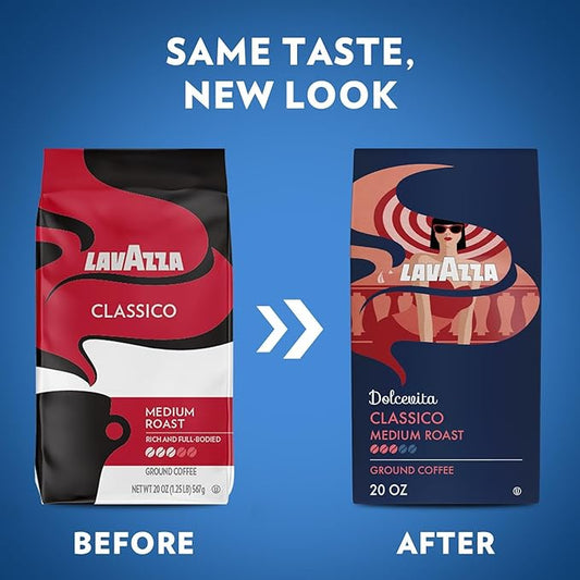 Lavazza Dolcevita Classico Ground Coffee 6 Bags of 20oz, Medium Roast, Rich and Full-bodied, Intensity 3/5, Arabica and Robusta, Ideal for Drip Brewers, (Pack of 6) - Package May Vary