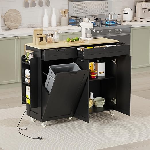 Rolling Kitchen Island with Power Outlet & Drop Leaf, Kitchen Cart with Trash Storage Cabinet, Rolling Island with Spice Rack & Towel Rack, Knife Holder