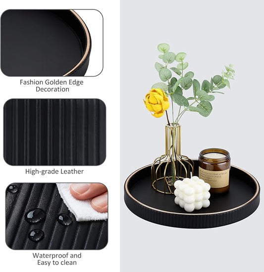 KINGFOM Round Decorative Tray for Coffee Table, PU Leather Valet Nightstand Desk Organizer for Men Women, Golden Trim Tray for Home Decor Living Room Dining Table, Perfume Trays Organizer Black