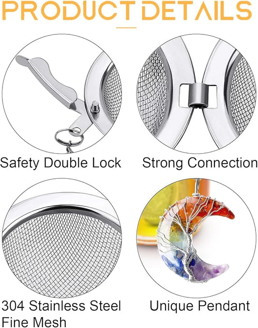 7 Chakra Healing Crystal Tea Infuser Set - Reiki Quartz Gemstone Wire Wrapped Crescent Moon & Tree of Life Pendants, Stainless Steel Loose Leaf Tea Steeper
