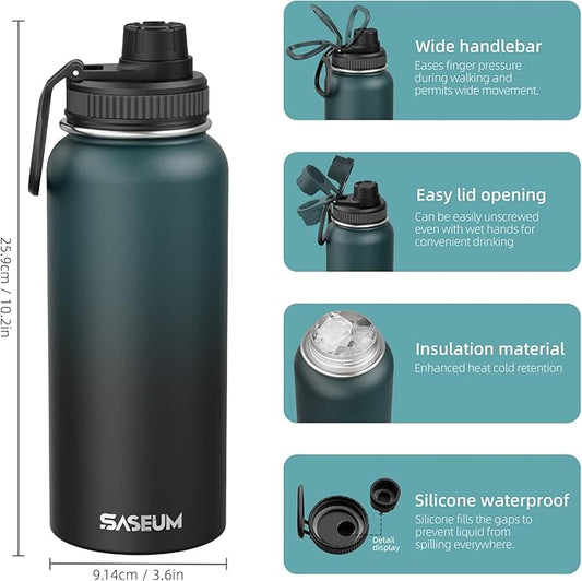 SASEUM Insulated Stainless Steel Water Bottles 32oz with Spout Lids Metal Vacuum Thermal Large Water Jug Leak-proof Reusable Flask for Sports Gym and Travel,Dark-Blue