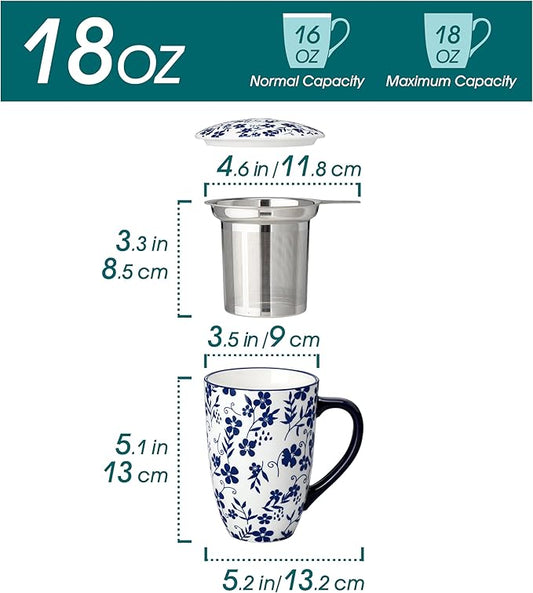 vancasso SELENE Porcelain Tea Mug, 18 oz Porcelain Tea Cup with Infuser and Lid Steeps Loose Leaf Tea, Microwave & Dishwasher Safe, Five-Leaf Clover