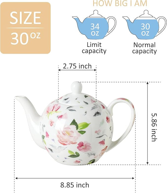30oz Porcelain Teapot, Floral Design Ceramic Tea Pot for Loose Leaf & Bagged Tea, Classic 3-4 Cups Teapot for Daily Use & Special Occasions, Dishwasher Safe