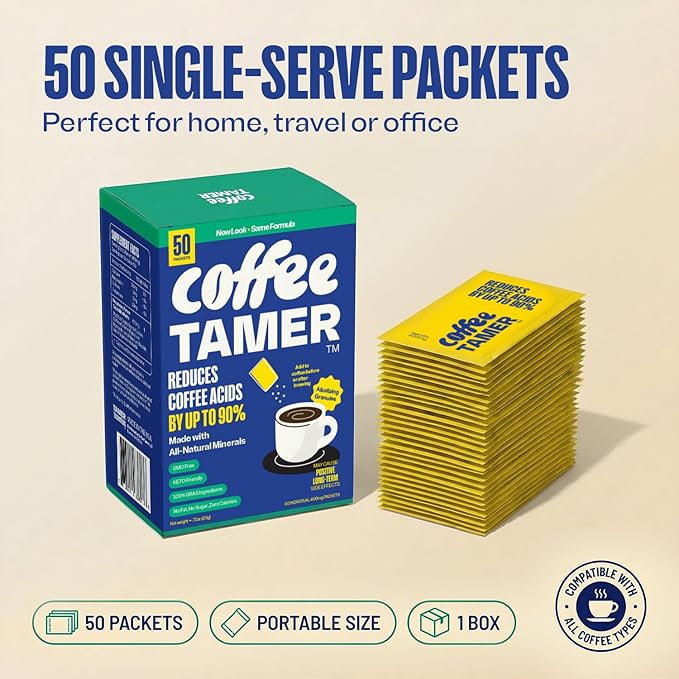 Coffee Tamer Acid Reducer Powder 50 Pack Box - All Natural Coffee Acid Reducer, Alkalizing Granules Reduce Acidity By 90%, Keto Friendly, Sugar-Free, Non-GMO, Preserves Original Flavor