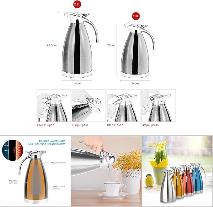 Fdit 1.5L/2L Coffee Tea Pot Stainless Steel Double Wall Vacuum Insulated Pot Jug Hot Water Bottle(Silver 2L)