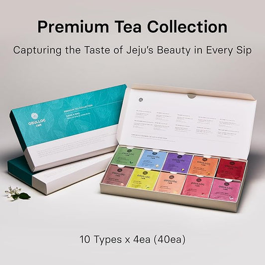 OSULLOC Premium Tea Collection (40 count, 10 flavors x 4 ea), Self Care Sampler Gift Box, Premium Organic Pure & Blended Tea from Jeju