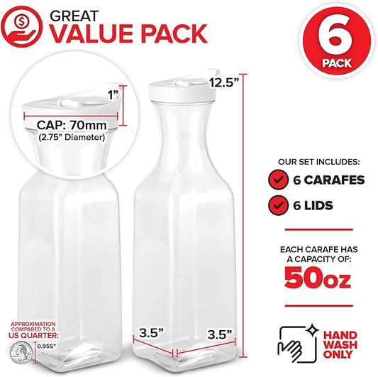 Plastic Juice Carafe with Lids (Set of 6) 50 oz Carafes for Mimosa Bar, Drink Pitcher with Lid, Water Bottle, Milk Container, Clear Beverage Containers for Fridge, Pantry Storage, Square Pitchers