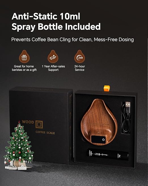MUVNA Digital Dosing Cup with LED Display - Mini Rechargeable Wood Coffee Bean Scale Cup and Spray Bottle Kit, Kitchen Weighing Accessory for Espresso, Tea, Coffee Lover Gifts, Walnut
