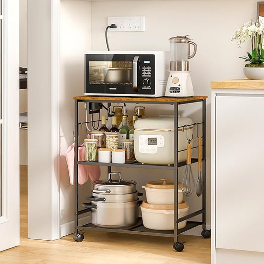 Rolling Kitchen Microwave Cart with Power Outlet, 3 Tier Microwave Table Stand with Storage, Kitchen Utility Cart on Wheels, Small Coffee Cart Shelf Rack Organizer for Living Room Office