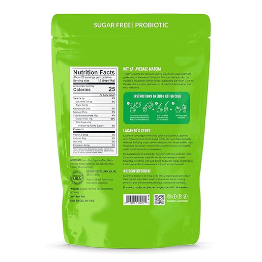 Lakanto Sugar Free Matcha Latte - Green Tea Powder with Shelf Stable Probiotics and Fiber, Sugar Free, Monk Fruit Sweetener, Keto Diet Friendly, Vegan, Detox, Destress, Antioxidants, Authentic (10 Oz)