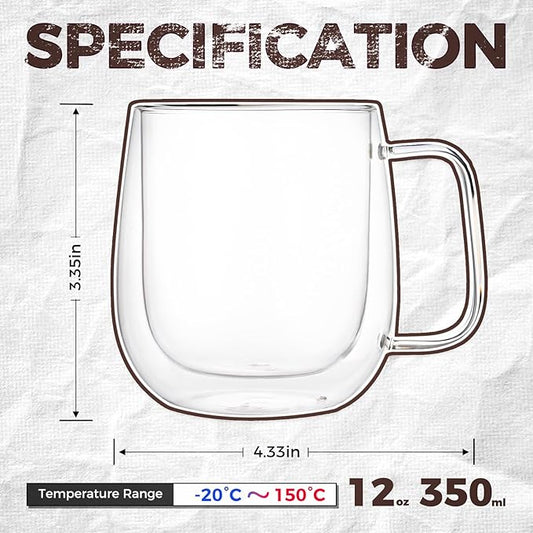 2 Pack 12 oz Double Walled Glass Coffee Mugs with handle, Thermal Insulted No Condensation Coffee & Tea Cups, Clear Mugs for Americano, Latte, Espresso, Cappuccinos Beverage