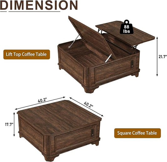 40 Inch Farmhouse Lift Top Coffee Table with Charging Station & Hidden Storage - Square Center Table with Adjustable Lifting Top, Large Storage Cabinet for Living Room, Bedroom, Home Office, Brown