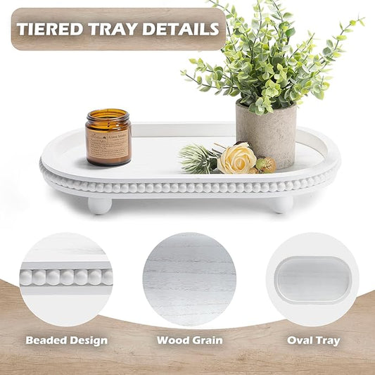 Wooden Decorative Tray for Home Decor, Beaded White Oval Tray Decor for Coffee Table, Rustic Wood Serving Trays Farmhouse Centerpieces for Living Room Kitchen Counter (White Oval)