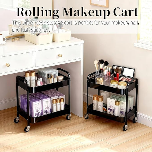 2 Tier Rolling Cart with Wheels for Under Desk Storage & Pantry Room, Large Capacity Laundry Room & Makeup Organizer, Sturdy Kitchen Utility Cart for Small Space with 4 Hooks, Black