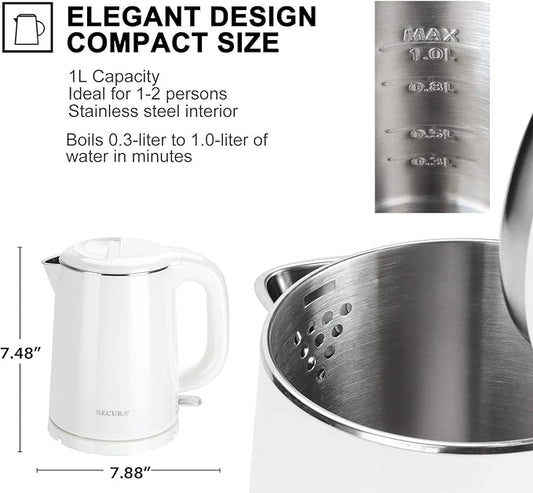Secura Stainless Steel Double Wall Electric Kettle Water Heater for Tea Coffee w/Auto Shut-Off and Boil-Dry Protection, 1.0L (White) SWK-1001DW/HB-K012