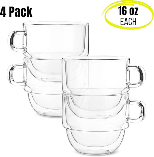 BTaT- Double Walled Stackable Glass Coffee Mugs, 16 oz, Set of 4, Glass Coffee Cups with Handle, Insulated Clear Coffee Mug for Hot and Cold Beverages, Cappuccino, Latte, Tea, Americano