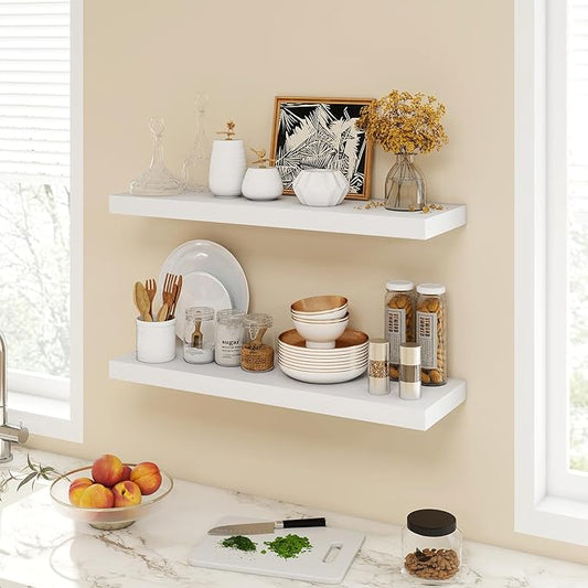 30 Inch Floating Shelves, 9.3" Deep Floating Shelf Wall Mounted, 30" Wall Shelves, Rustic Deep Bookshelf, Large Display Shelves & Storage Shelves for Bedroom, Living Room, White, Set of 2
