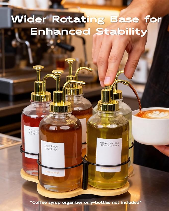 IntreLife Rotating Coffee Syrup Organizer, Syrup Bottle Holder for Coffee Syrup Dispenser 16.9oz, Bamboo Coffee Syrup Rack for Coffee Bar Station Countertop, Coffee Bar Accessories(Syrup Rack Only)