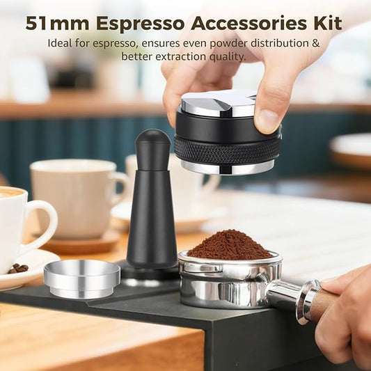 51mm Espresso Accessories Kit, Including Dual-Head Coffee Distributor, 12-Needle WDT Tool, Dosing Funnel, Espresso Tamper Set for Coffee Lovers Baristas