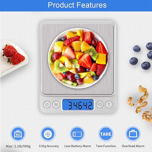 Digital Kitchen Scale, 500g/0.01g Gram Scale,Cooking Food Scale Digital Weight Grams and OZ with LCD Display, Digital Jewelry Coffee Scale with 2 Trays,Auto Off, Tare,Stainless Steel