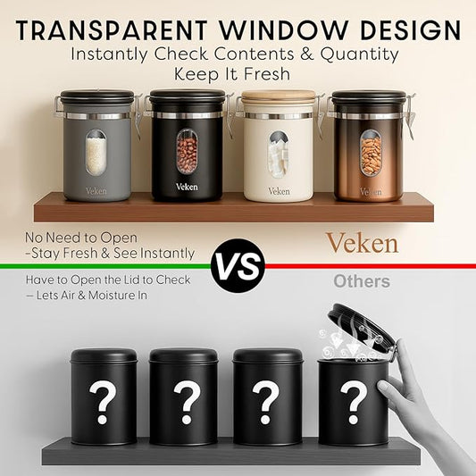 Veken Coffee Canister with Window,Airtight Stainless Steel Kitchen Food Storage Container, Date Tracker & Scoop for Grounds Coffee, Beans, Tea, Flour, Cereal,Sugar,22OZ,Grey