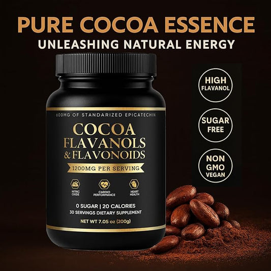 High Flavanol Cocoa Powder - Enhanced with Flavanol, Theobromine, Magnesium & Natural Flavonoids Blend, Supplement for Heart Health, Nitric Oxide & Energy, Sugar Free, Vegan, Non-GMO - 7.05oz (1)