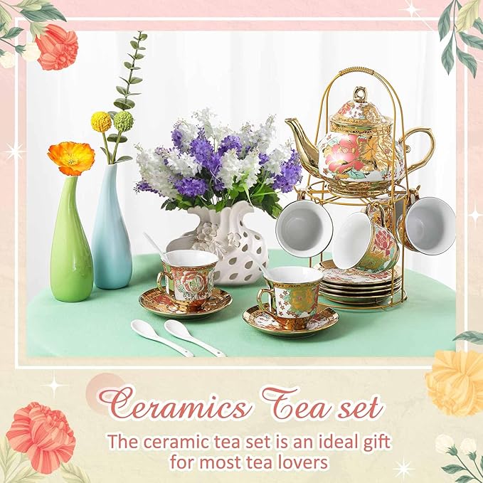 Zhehao 20 Pcs Porcelain Tea Set with Metal Holder and Spoon Adult Ceramic Tea Set European Flower Painting Teapot Cup Saucer Spoon for Women, Large Version(Stylish Style)