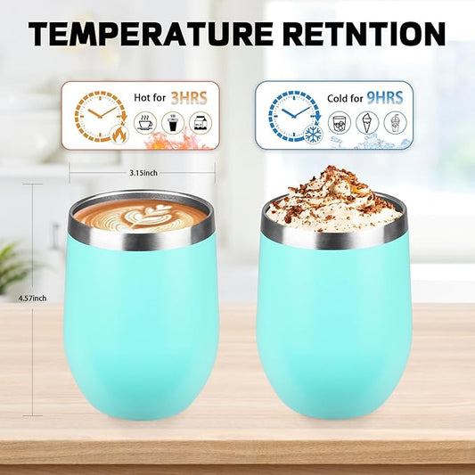 StarSpeed 12oz/12 Pack Wine Tumbler with lid, Stainless Steel Travel Mugs Stemless Double Wall Insulated Coffee Cup, Insulated Wine Glasses Travel Tumbler for Cold & Hot Drinks(Light Green)