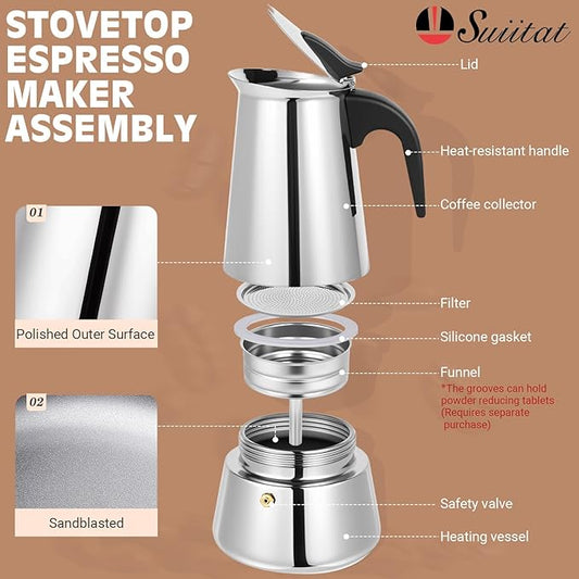 Suiitat Moka Pot, 6 Cups (10.6 oz) Stovetop Espresso Maker, 304 Stainless Steel Moka Pot, Induction Compatible, Silver