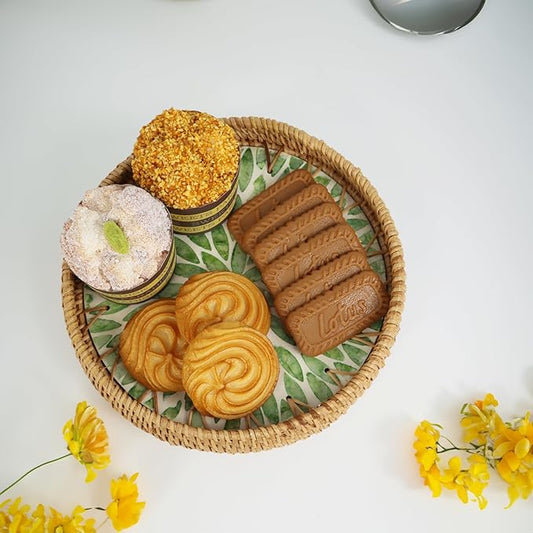 Round Rattan Tray with Mother of Pearl Inlay, Set of 3 Serving Trays for Coffee Table, Decorative Wicker Woven Ottoman Tray for Table Home Decor, Kitchen, Coffee, Bread, Fruits