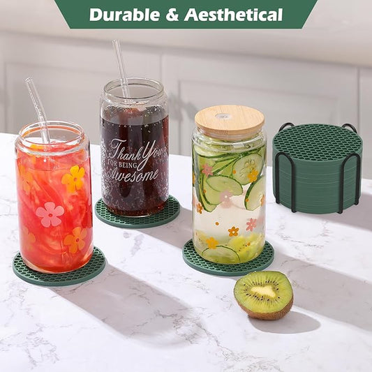 Silicone Coaster Set of 12 with Holder, Drinks Coasters, Beer & Coffee, Suitable for All Cups, Hot or Cold, Anti-Slip, Non-Stick, Anti-Overflow Tabletop Protection and Decor (12 Pcs, Green)