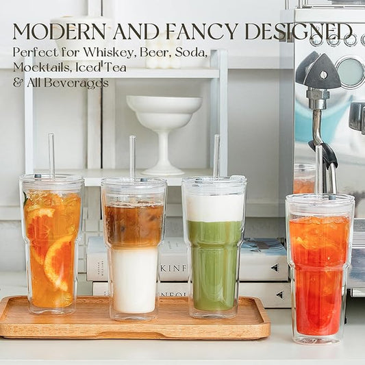 KEMORELA 20oz Double Wall Glass Tumblers 4‑Pack with Lids & Straws | Insulated Clear Drinking Glasses for Iced Coffee, Matcha, Smoothies | Reusable Cups for Family & Parties