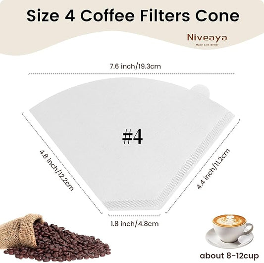 Niveaya Coffee Filters 200 Count, White Coffee Filter #4 Cone Paper, Natural Paper Coffee Filter 8-12 Cup (nature white, 04)