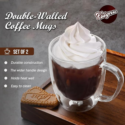 Double Walled Glass Coffee Mugs, 18oz Glass Coffee Cup Set of 2, Double Insulated Coffee Mugs for Espresso, Cappuccino, Latte, Tea Bag, Hot Beverages