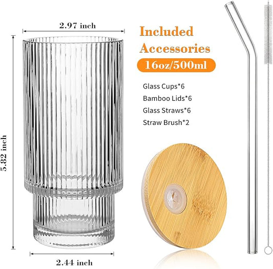 16oz Glass Cups with Lids & Straws - Reusable Iced Coffee Tumblers, Trendy Ribbed Design & Stackable for Iced Coffee/Cold Brew, Perfect for Home/Office by Coffee Lovers & Commuters (16OZ-6PACK)