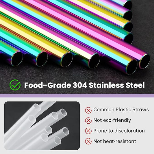NiHome 6-Pack Iridescent Stainless Steel Drinking Straws, Compatible with Owala FreeSip 40oz, Food-Grade Rust-Resistant Material, Includes Cleaning Brushes & Travel Storage Bag
