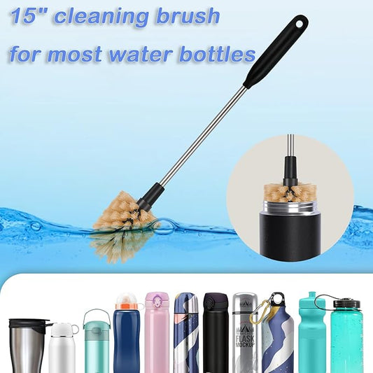 2-in-1 Long Handle Bottle Brush - Water Bottle Cleaning Accessories - Flexible Scrub Brush for Water Bottles,Mugs, Glasswares - with Replacement Brush Heads,Dishwasher Safe Reusable,Brown