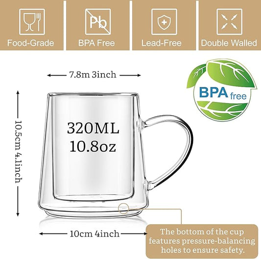Joeyan 10.8oz Glass Coffee Mugs, Double Walled Insulated Coffee Mug Set of 2, Clear Glass Latte Cappuccino Tea Espresso Cups with Handle for Home Office, Beer, Iced Coffee, Hot Chocolate& Gift