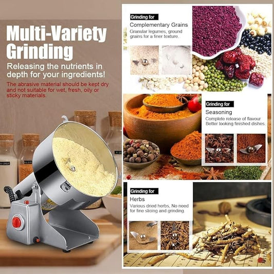 2000g Electric Grain Grinder Spice Grain Mill Stainless Steel 30s 28000RPM High Speedy Grinding with Overload Protection& 5min Timer Mill for Dry Spice Herbs/Nut/Coffee/Rice