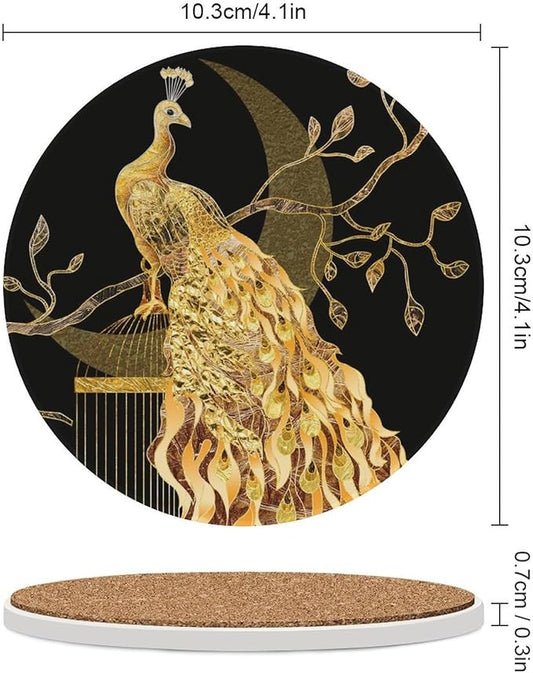 Round-4PCS Peacock Drink Coasters, Round Modern Ceramic Absorbent Coasters, Vintage Tree Branch Beautiful Gold Peacock Decor Desk Coffee Table Coaster for Beverage Cup Tea Coasters